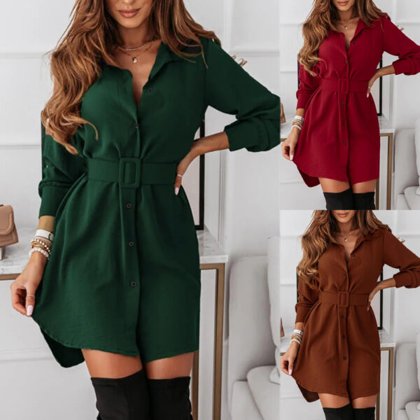 Lapel Long-sleeved Dress With Belt Fashion Elegant Button-down Shirt Dresses For Women
