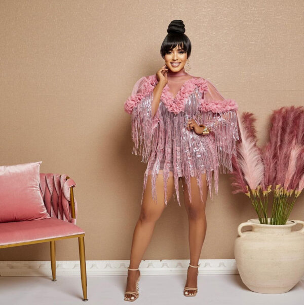 Sequined Tassel Evening Dress Short Sleeve Dress Women